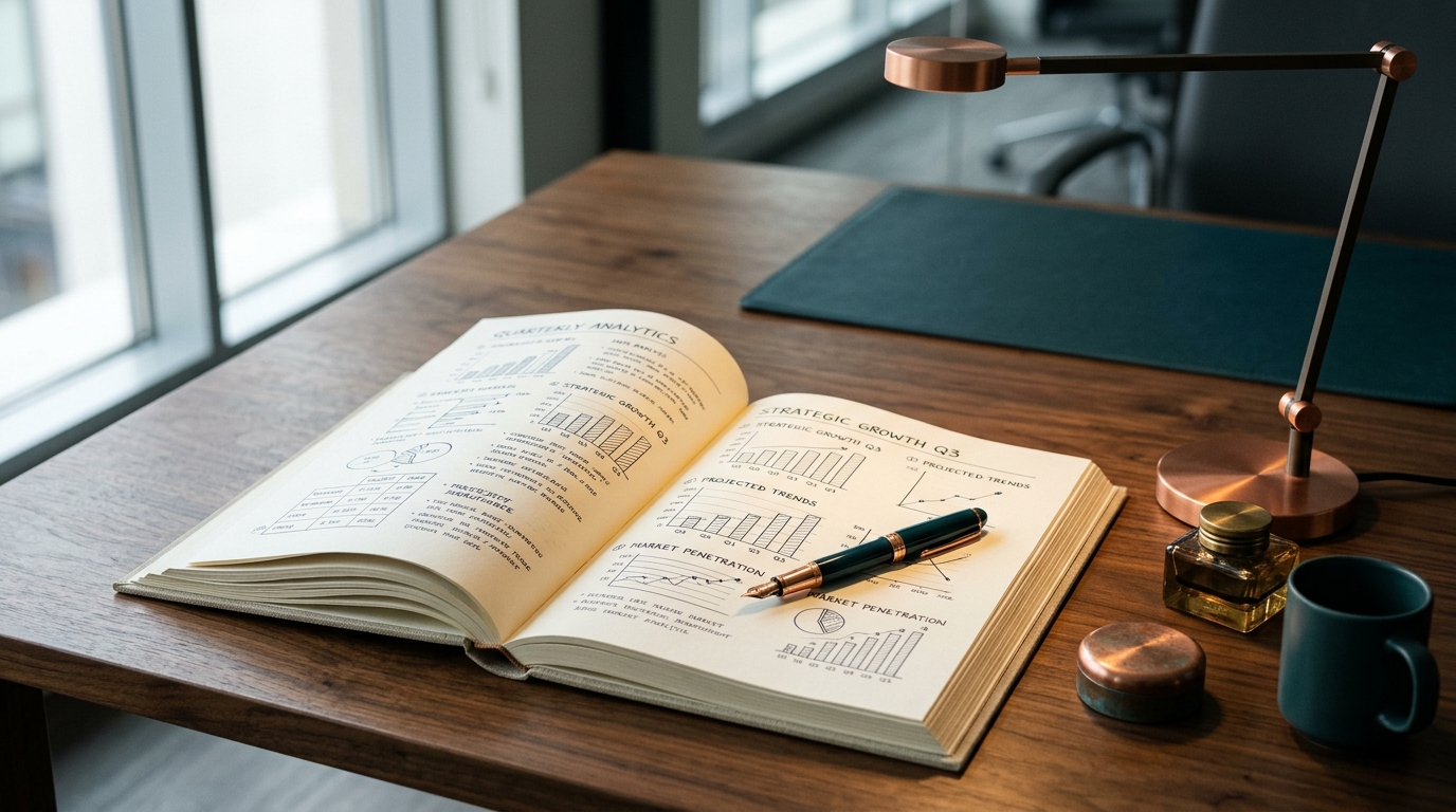 Mesa executiva com livro analítico aberto e caneta tinteiro